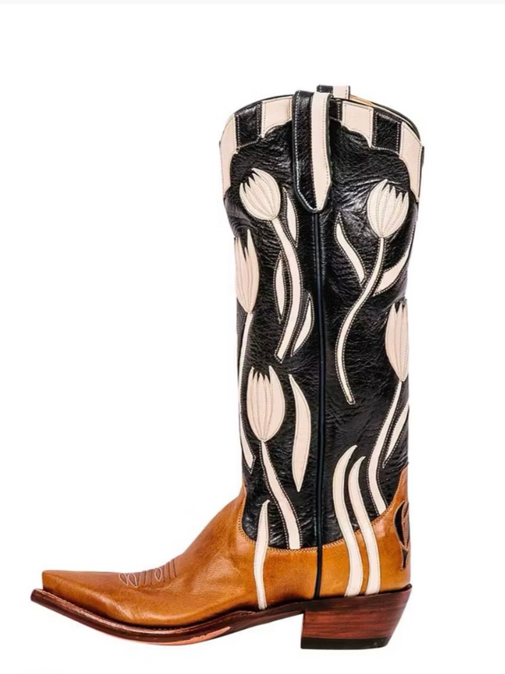Classic Two-Tone Tulip Embroidered Women's Cowboy Boots - Black & Brown